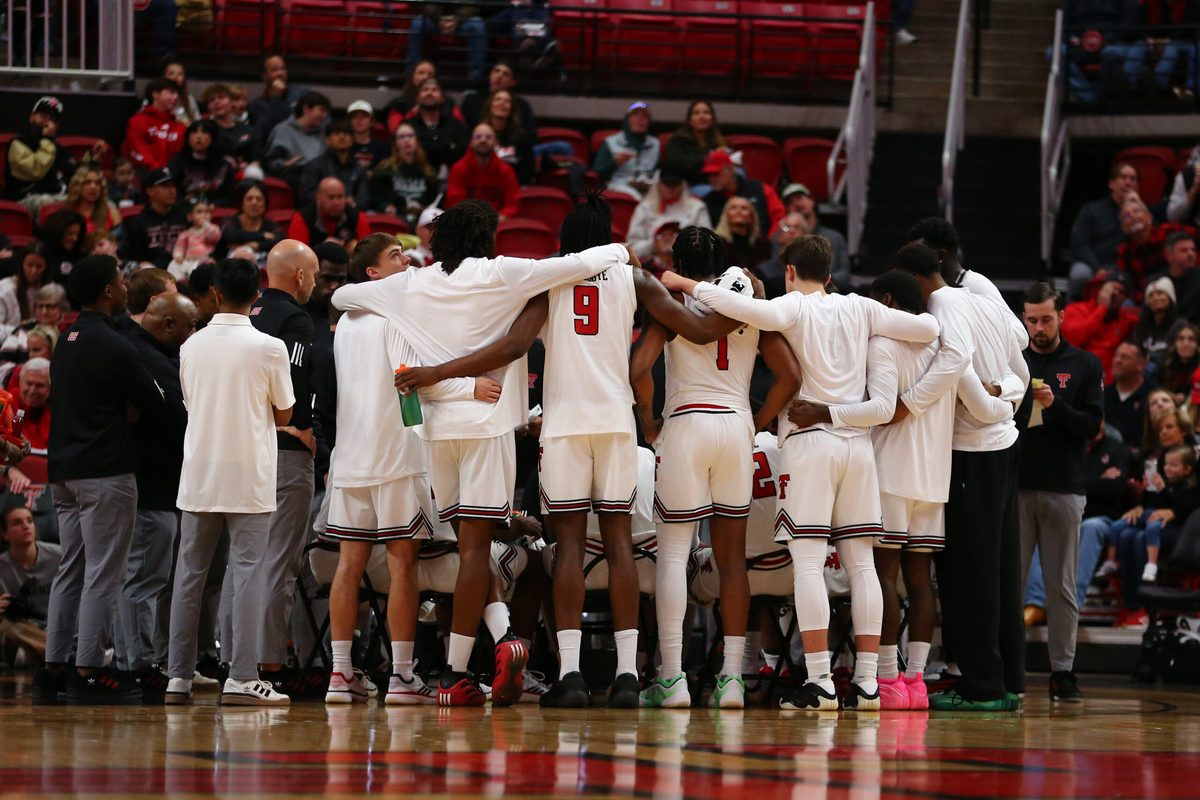 Nov 30, 2025; Lubbock, Texas, USA; A general view of the Texas Tech Red Raiders basketball team during a time out in the first half against the Wyoming Cowboys at United Supermarkets Arena. Mandatory Credit: Michael C. Johnson-Imagn Images
