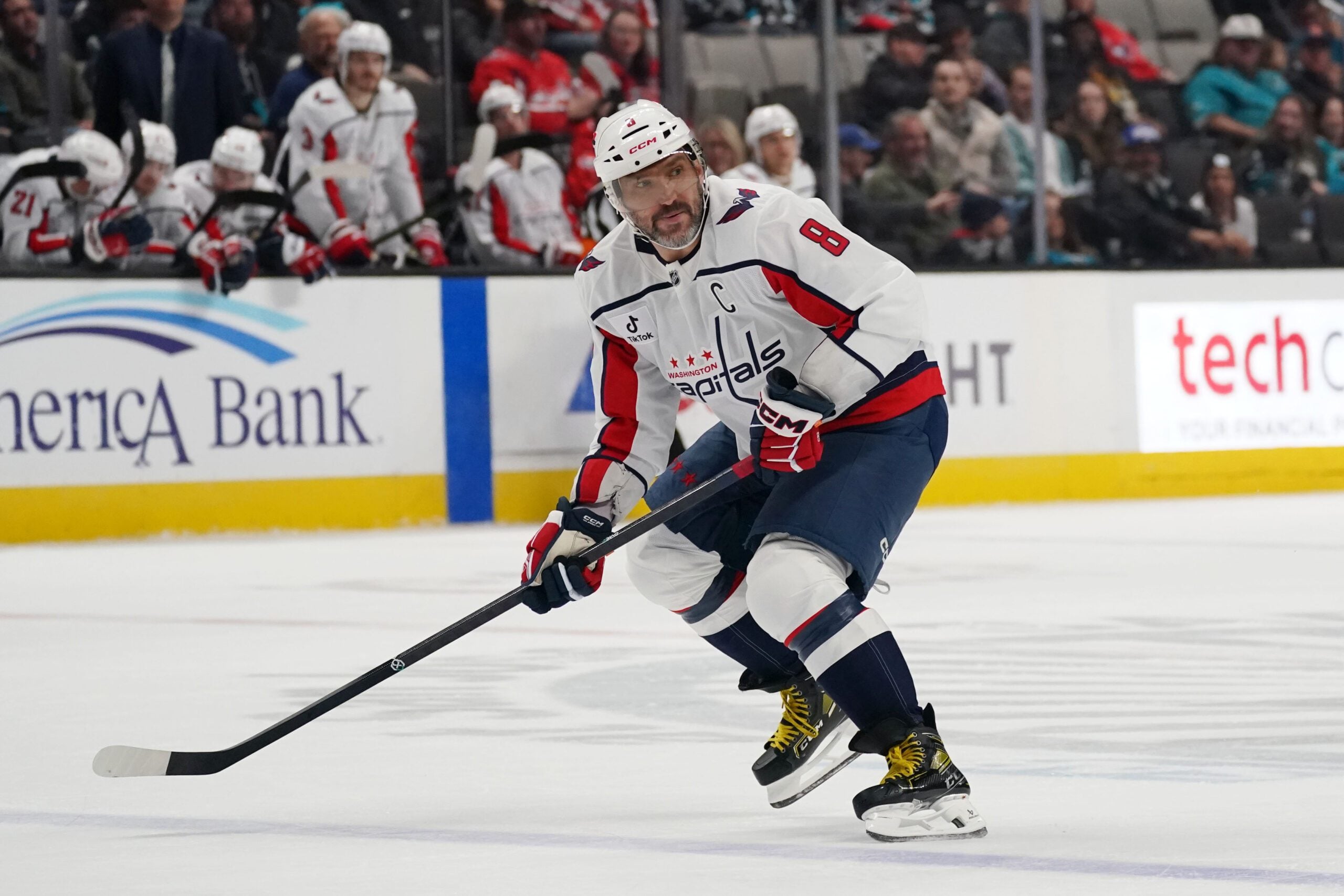 Dec 3, 2025; San Jose, California, USA; Washington Capitals left winger Alex Ovechkin (8) waits to receive the puck against the San Jose Sharks in the third period at SAP Center at San Jose. Mandatory Credit: David Gonzales-Imagn Images
