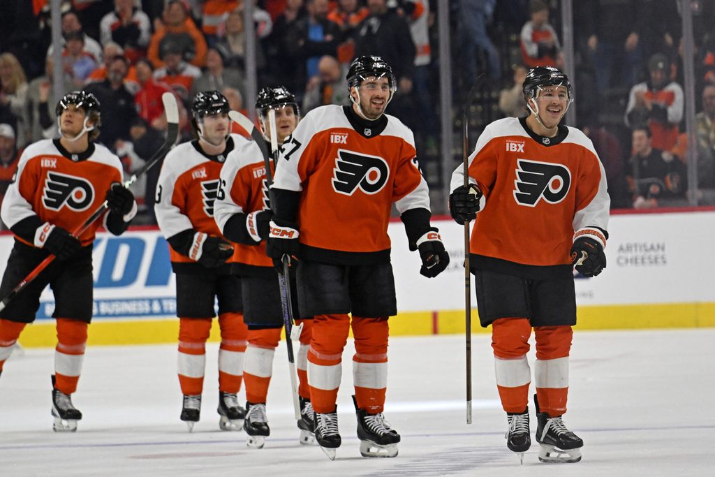 Dec 3, 2025; Philadelphia, Pennsylvania, USA; Philadelphia Flyers right wing Bobby Brink (10) celebrates his goal with left wing Noah Cates (27) against the Buffalo Sabres at Xfinity Mobile Arena. Mandatory Credit: Eric Hartline-Imagn Images