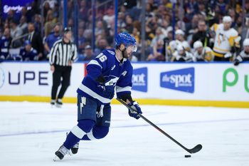 Dec 4, 2025; Tampa, Florida, USA; Tampa Bay Lightning right wing Nikita Kucherov (86) controls the puck against the Pittsburgh Penguins in the third period at Benchmark International Arena. Mandatory Credit: Nathan Ray Seebeck-Imagn Images