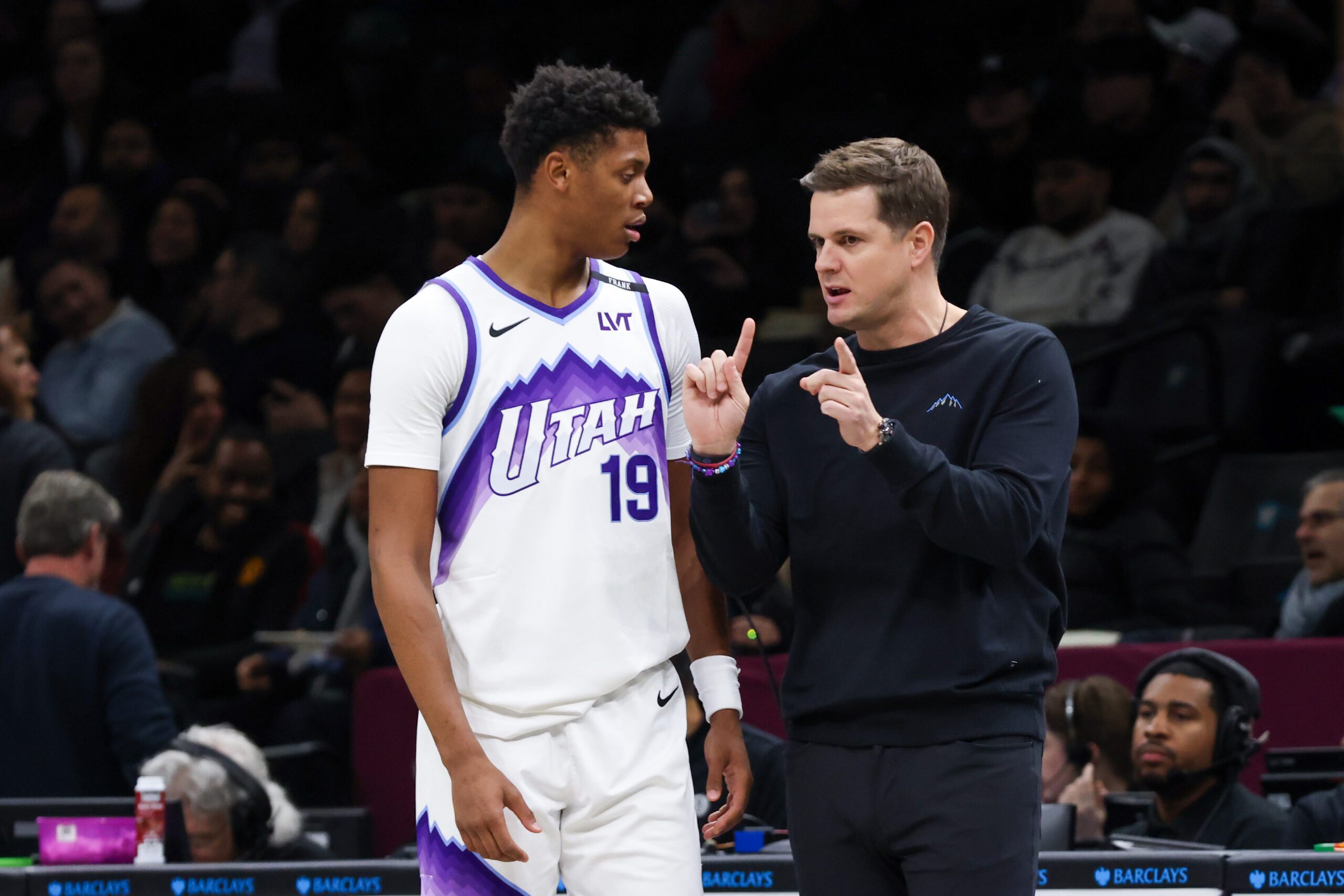 Dec 4, 2025; Brooklyn, New York, USA; Utah Jazz head coach Will Hardy talk with Utah Jazz guard Ace Bailey (19) against the Brooklyn Nets during the third quarter at Barclays Center. Mandatory Credit: Tom Horak-Imagn Images