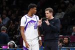 Dec 4, 2025; Brooklyn, New York, USA; Utah Jazz head coach Will Hardy talk with Utah Jazz guard Ace Bailey (19) against the Brooklyn Nets during the third quarter at Barclays Center. Mandatory Credit: Tom Horak-Imagn Images