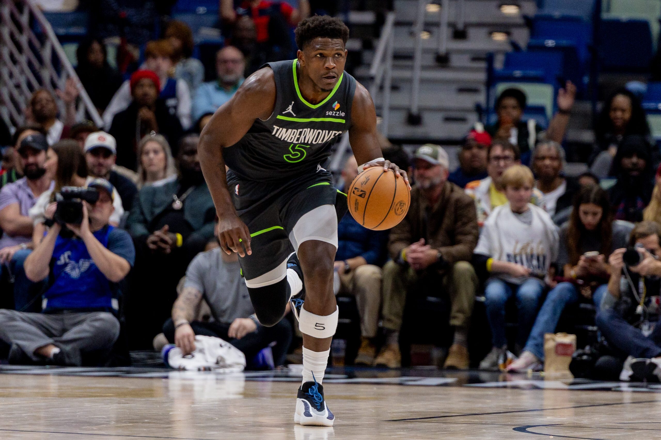 Dec 4, 2025; New Orleans, Louisiana, USA; Minnesota Timberwolves guard Anthony Edwards (5) brings the ball up court against the New Orleans Pelicans during the second half at Smoothie King Center. Mandatory Credit: Stephen Lew-Imagn Images