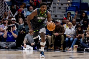 Dec 4, 2025; New Orleans, Louisiana, USA; Minnesota Timberwolves guard Anthony Edwards (5) brings the ball up court against the New Orleans Pelicans during the second half at Smoothie King Center. Mandatory Credit: Stephen Lew-Imagn Images