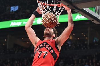 Dec 4, 2025; Toronto, Ontario, CAN; Toronto Raptors forward Jameson Battle (77) dunks for a basket against the Los Angeles Lakers in the second half at Scotiabank Arena. Mandatory Credit: Dan Hamilton-Imagn Images