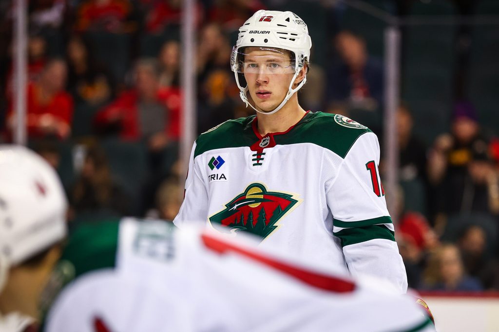 Dec 4, 2025; Calgary, Alberta, CAN; Minnesota Wild left wing Matt Boldy (12) against the Calgary Flames during the third period at Scotiabank Saddledome. Mandatory Credit: Sergei Belski-Imagn Images