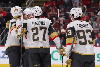 Dec 5, 2025; Newark, New Jersey, USA; Vegas Golden Knights left wing Ivan Barbashev (49) celebrates his goal against the New Jersey Devils during the third period at Prudential Center. Mandatory Credit: Ed Mulholland-Imagn Images