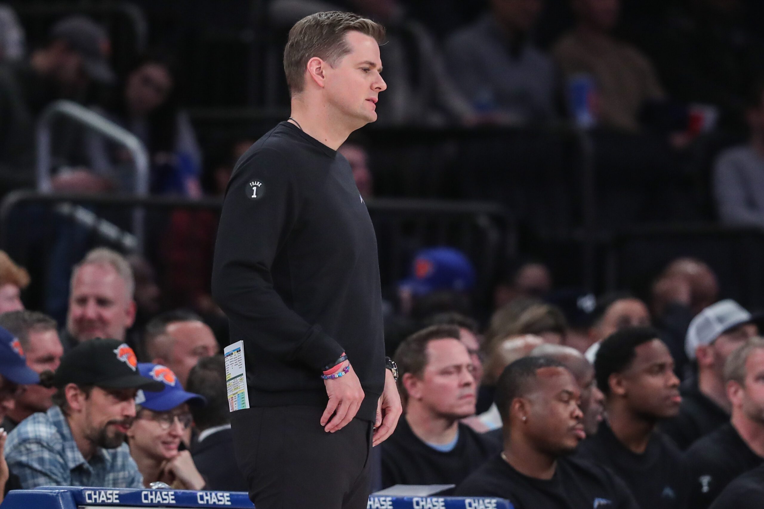 Dec 5, 2025; New York, New York, USA;  Utah Jazz head coach Will Hardy watches from the bench in the third quarter against the New York Knicks at Madison Square Garden. Mandatory Credit: Wendell Cruz-Imagn Images