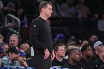 Dec 5, 2025; New York, New York, USA;  Utah Jazz head coach Will Hardy watches from the bench in the third quarter against the New York Knicks at Madison Square Garden. Mandatory Credit: Wendell Cruz-Imagn Images