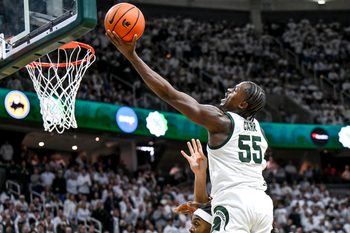 Michigan State's Coen Carr scores against Duke during the first half on Saturday, Dec. 6, 2025, at the Breslin Center in East Lansing.