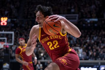 Dec 6, 2025; West Lafayette, Indiana, USA; Iowa State Cyclones forward Milan Momcilovic (22) dribbles the ball during the first half against the Purdue Boilermakers at Mackey Arena. Mandatory Credit: Jacob Musselman-Imagn Images