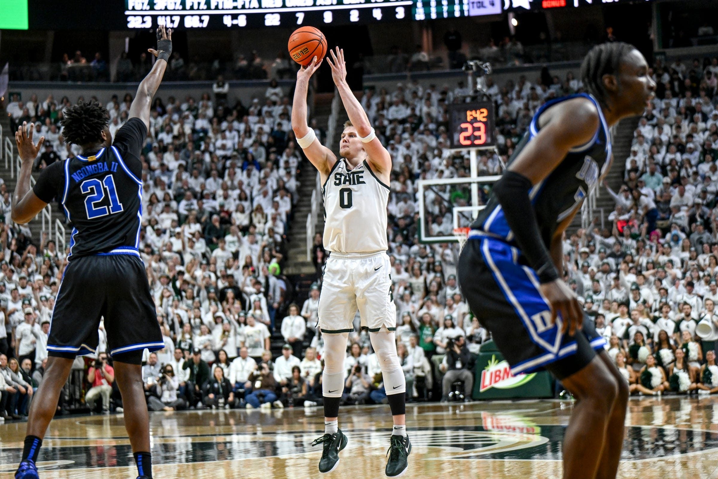 Michigan State's Jaxon Kohler makes a 3-pointer against Duke during the first half on Saturday, Dec. 6, 2025, at the Breslin Center in East Lansing.