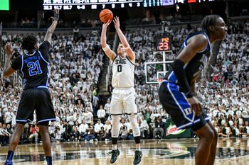 Michigan State's Jaxon Kohler makes a 3-pointer against Duke during the first half on Saturday, Dec. 6, 2025, at the Breslin Center in East Lansing.