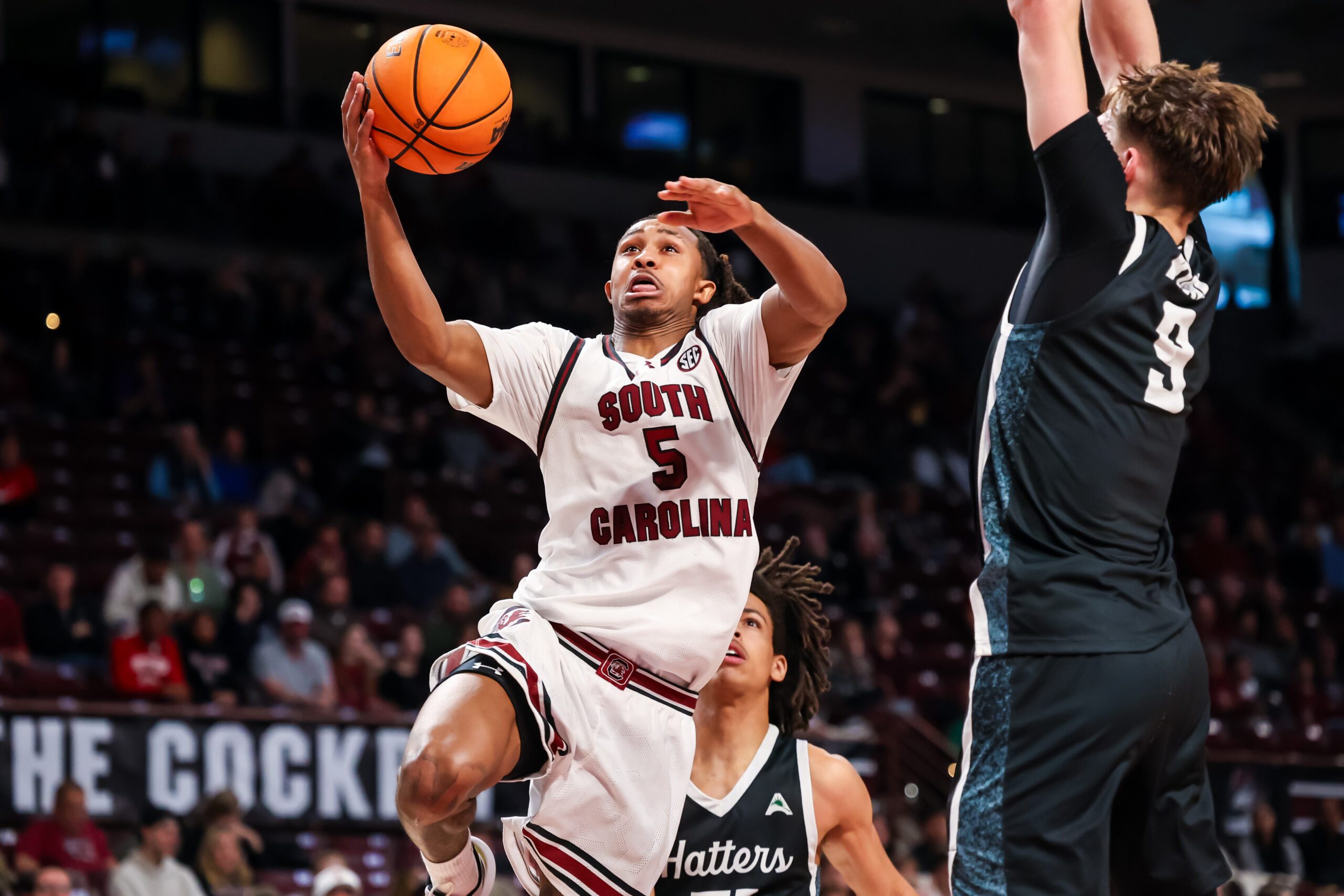 Dec 6, 2025; Columbia, South Carolina, USA; South Carolina Gamecocks guard Meechie Johnson (5) drives past Stetson Hatters forward Collin Kuhl (9) in the first half at Colonial Life Arena. Mandatory Credit: Jeff Blake-Imagn Images