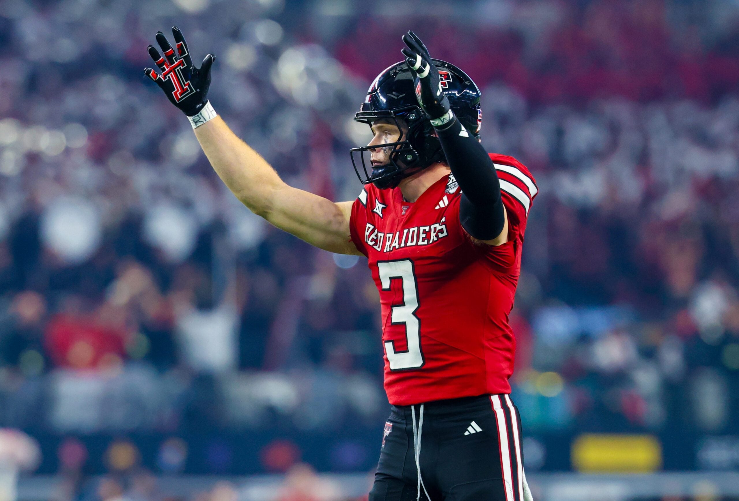 Dec 6, 2025; Arlington, TX, USA; Texas Tech Red Raiders wide receiver Coy Eakin (3) celebrates a touchdown during the second half against the BYU Cougars  at AT&T Stadium. Mandatory Credit: Kevin Jairaj-Imagn Images