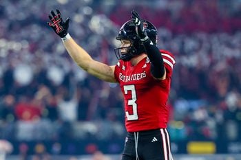 Dec 6, 2025; Arlington, TX, USA; Texas Tech Red Raiders wide receiver Coy Eakin (3) celebrates a touchdown during the second half against the BYU Cougars  at AT&T Stadium. Mandatory Credit: Kevin Jairaj-Imagn Images