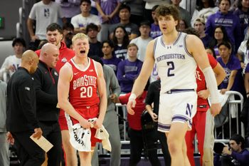 Dec 6, 2025; Evanston, Illinois, USA; Ohio State Buckeyes forward Colin White (20) celebrates a three-point basket against the Ohio State Buckeyes during the second half at Welsh-Ryan Arena. Mandatory Credit: David Banks-Imagn Images
