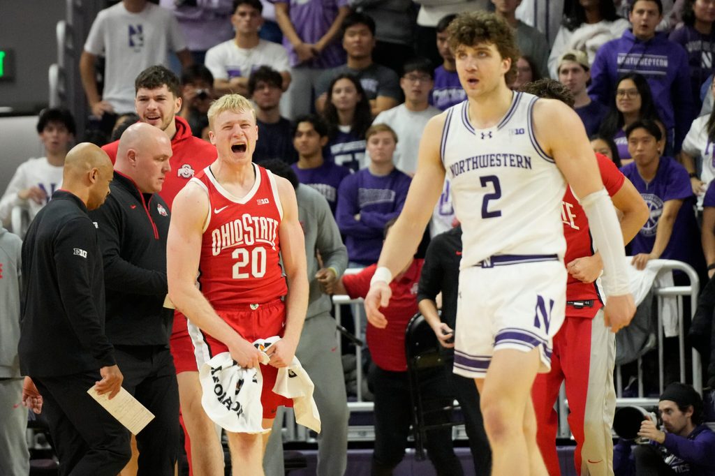 Dec 6, 2025; Evanston, Illinois, USA; Ohio State Buckeyes forward Colin White (20) celebrates a three-point basket against the Ohio State Buckeyes during the second half at Welsh-Ryan Arena. Mandatory Credit: David Banks-Imagn Images