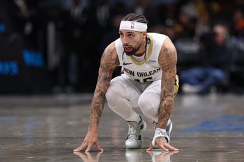 Dec 6, 2025; Brooklyn, New York, USA; New Orleans Pelicans guard Jose Alvarado (15) reacts after a play during the second half against the Brooklyn Nets at Barclays Center. Mandatory Credit: Vincent Carchietta-Imagn Images