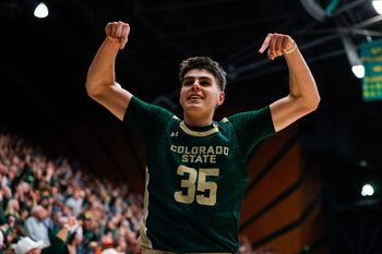 Dec 6, 2025; Fort Collins, Colorado, USA; Colorado State Rams forward Kyle Jorgensen (35) reacts in the second half against the Colorado Buffaloes at Moby Arena. Mandatory Credit: Isaiah J. Downing-Imagn Images