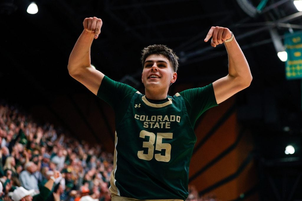Dec 6, 2025; Fort Collins, Colorado, USA; Colorado State Rams forward Kyle Jorgensen (35) reacts in the second half against the Colorado Buffaloes at Moby Arena. Mandatory Credit: Isaiah J. Downing-Imagn Images