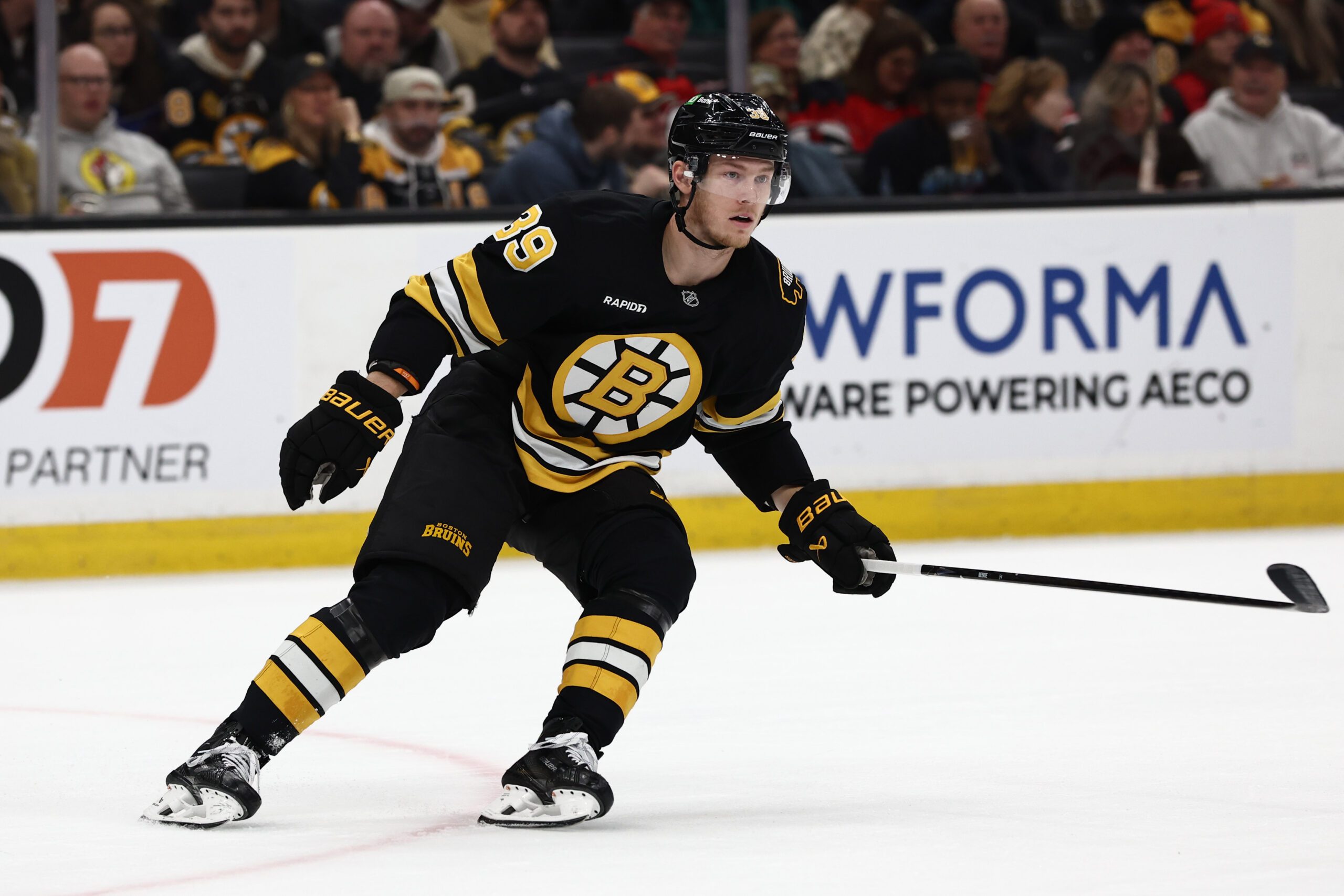 Dec 6, 2025; Boston, Massachusetts, USA; Boston Bruins center Morgan Geekie (39) skates against the New Jersey Devils during the first period at TD Garden. Mandatory Credit: Winslow Townson-Imagn Images