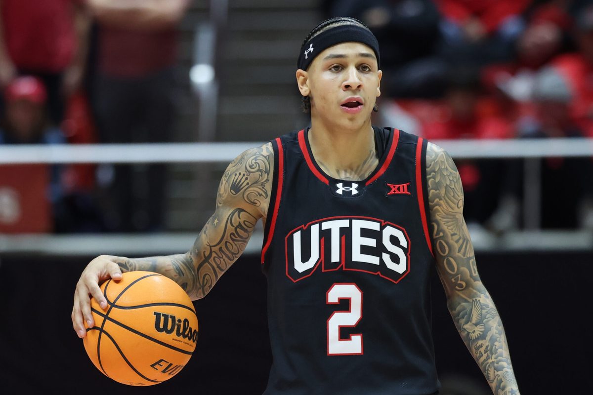 Dec 6, 2025; Salt Lake City, Utah, USA; Utah Utes guard Terrence Brown (2) brings the ball up the court against the California Baptist Lancers during the second half at Jon M. Huntsman Center. Mandatory Credit: Rob Gray-Imagn Images