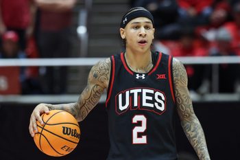 Dec 6, 2025; Salt Lake City, Utah, USA; Utah Utes guard Terrence Brown (2) brings the ball up the court against the California Baptist Lancers during the second half at Jon M. Huntsman Center. Mandatory Credit: Rob Gray-Imagn Images