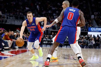 Dec 6, 2025; Detroit, Michigan, USA;  Detroit Pistons forward Duncan Robinson (55) dribbles in the second half against the Milwaukee Bucks at Little Caesars Arena. Mandatory Credit: Rick Osentoski-Imagn Images