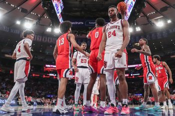 Dec 6, 2025; New York, New York, USA;  St. John's Red Storm forward Zuby Ejiofor (24) gestures after getting fouled on a made basket in the second half against the Mississippi Rebels at Madison Square Garden. Mandatory Credit: Wendell Cruz-Imagn Images