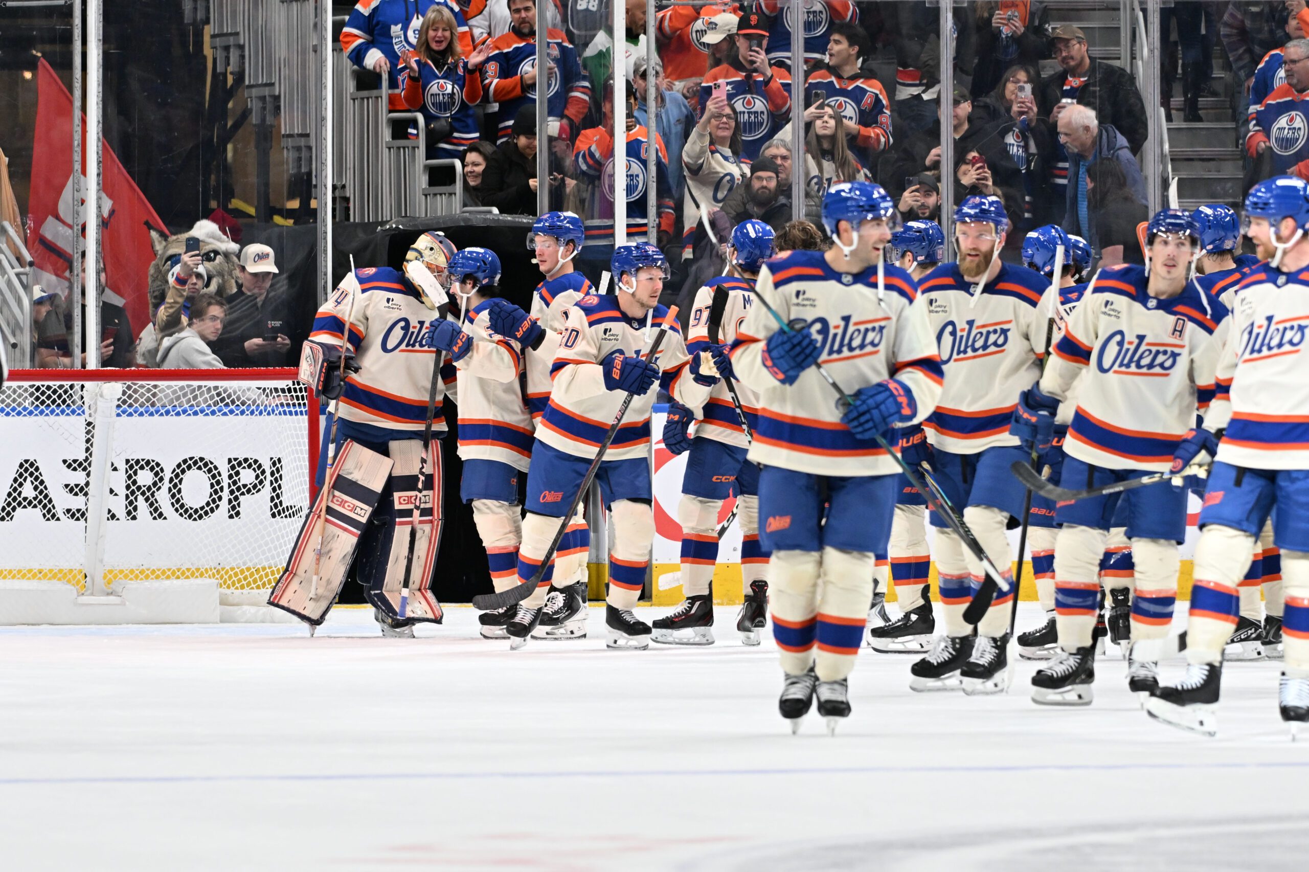 Dec 6, 2025; Edmonton, Alberta, CAN;  Edmonton Oilers goalie Stuart Skinner (74) celebrates their win over the Winnipeg Jets at Rogers Place. Mandatory Credit: Walter Tychnowicz-Imagn Images