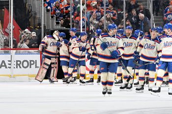 Dec 6, 2025; Edmonton, Alberta, CAN;  Edmonton Oilers goalie Stuart Skinner (74) celebrates their win over the Winnipeg Jets at Rogers Place. Mandatory Credit: Walter Tychnowicz-Imagn Images