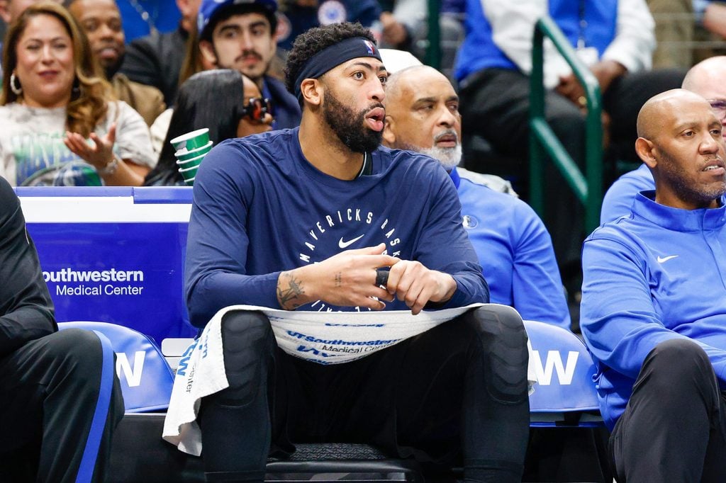 Dec 6, 2025; Dallas, Texas, USA; Dallas Mavericks forward Anthony Davis (3) looks on from the bench during the fourth quarter against the Houston Rockets at American Airlines Center. Mandatory Credit: Andrew Dieb-Imagn Images