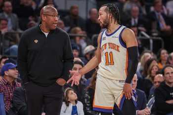 Dec 7, 2025; New York, New York, USA;  New York Knicks head coach Mike Brown talks wth guard Jalen Brunson (11) in the fourth quarter  against the Orlando Magic at Madison Square Garden. Mandatory Credit: Wendell Cruz-Imagn Images