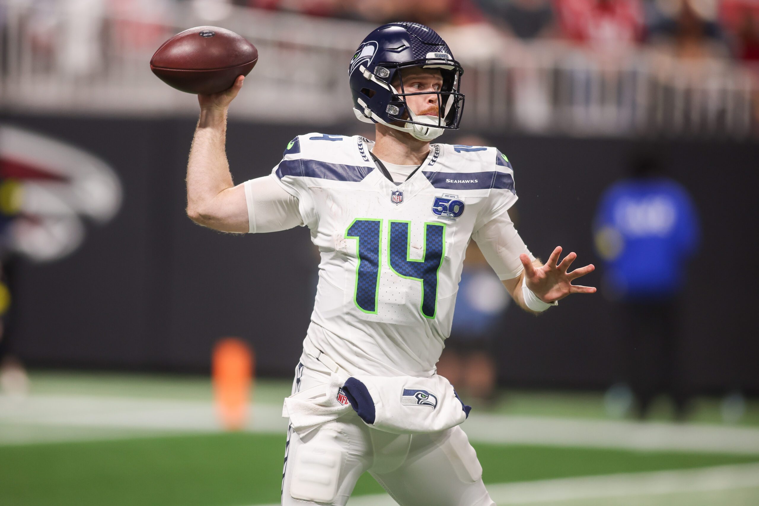 Dec 7, 2025; Atlanta, Georgia, USA; Seattle Seahawks quarterback Sam Darnold (14) throws a pass against the Atlanta Falcons in the third quarter at Mercedes-Benz Stadium. Mandatory Credit: Brett Davis-Imagn Images
