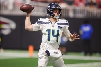 Dec 7, 2025; Atlanta, Georgia, USA; Seattle Seahawks quarterback Sam Darnold (14) throws a pass against the Atlanta Falcons in the third quarter at Mercedes-Benz Stadium. Mandatory Credit: Brett Davis-Imagn Images