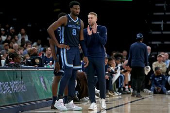 Dec 7, 2025; Memphis, Tennessee, USA; Memphis Grizzlies head coach Tuomas Iisalo talks with forward/center Jaren Jackson Jr. (8) during the third quarter against the Portland Trail Blazers at FedExForum. Mandatory Credit: Petre Thomas-Imagn Images