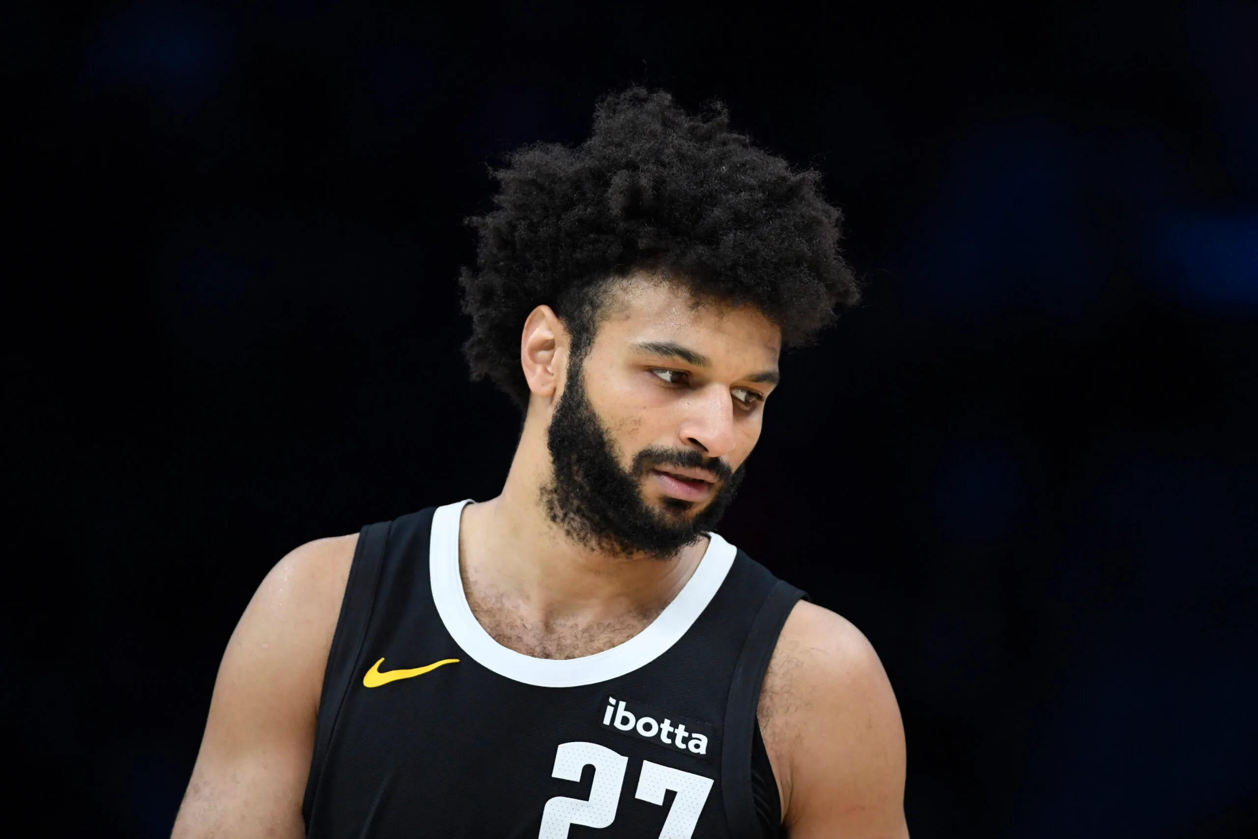Dec 7, 2025; Charlotte, North Carolina, USA; Denver Nuggets guard Jamal Murray (27) in a time out during the second half against the Charlotte Hornets at the Spectrum Center. Mandatory Credit: Sam Sharpe-Imagn Images
