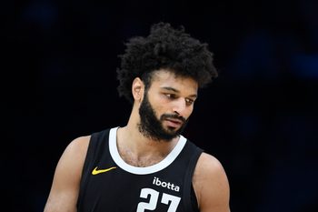 Dec 7, 2025; Charlotte, North Carolina, USA; Denver Nuggets guard Jamal Murray (27) in a time out during the second half against the Charlotte Hornets at the Spectrum Center. Mandatory Credit: Sam Sharpe-Imagn Images
