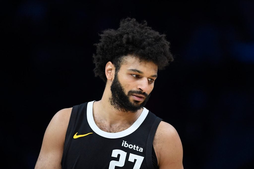 Dec 7, 2025; Charlotte, North Carolina, USA; Denver Nuggets guard Jamal Murray (27) in a time out during the second half against the Charlotte Hornets at the Spectrum Center. Mandatory Credit: Sam Sharpe-Imagn Images