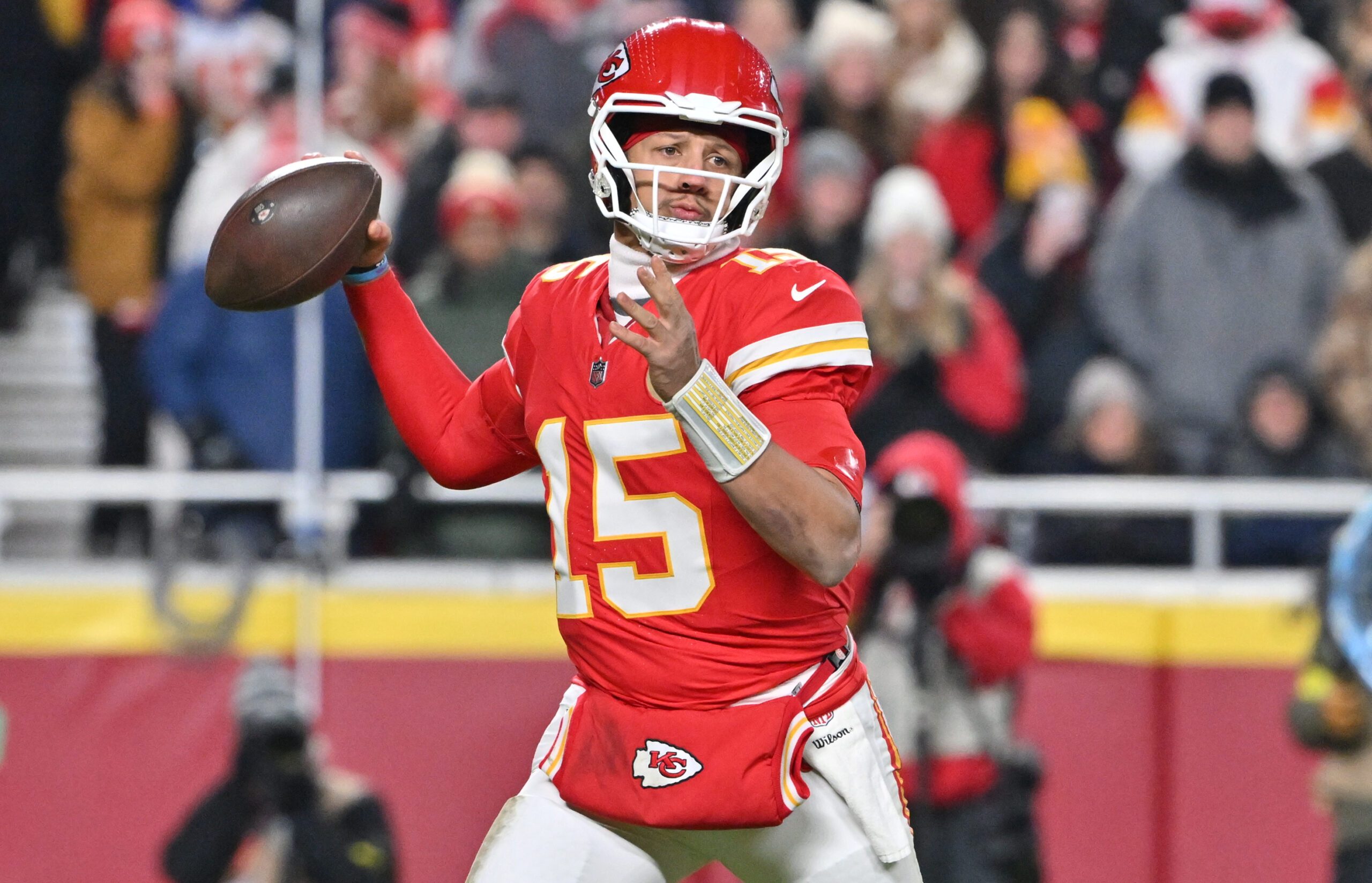 Dec 7, 2025; Kansas City, Missouri, USA; Kansas City Chiefs quarterback Patrick Mahomes (15) throws a pass during the second quarter against the Houston Texans at GEHA Field at Arrowhead Stadium. Mandatory Credit: Amy Kontras-Imagn Images