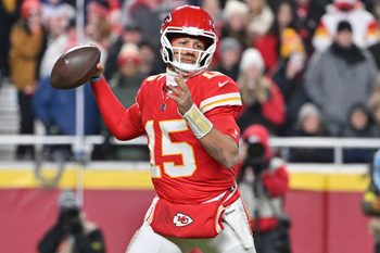 Dec 7, 2025; Kansas City, Missouri, USA; Kansas City Chiefs quarterback Patrick Mahomes (15) throws a pass during the second quarter against the Houston Texans at GEHA Field at Arrowhead Stadium. Mandatory Credit: Amy Kontras-Imagn Images