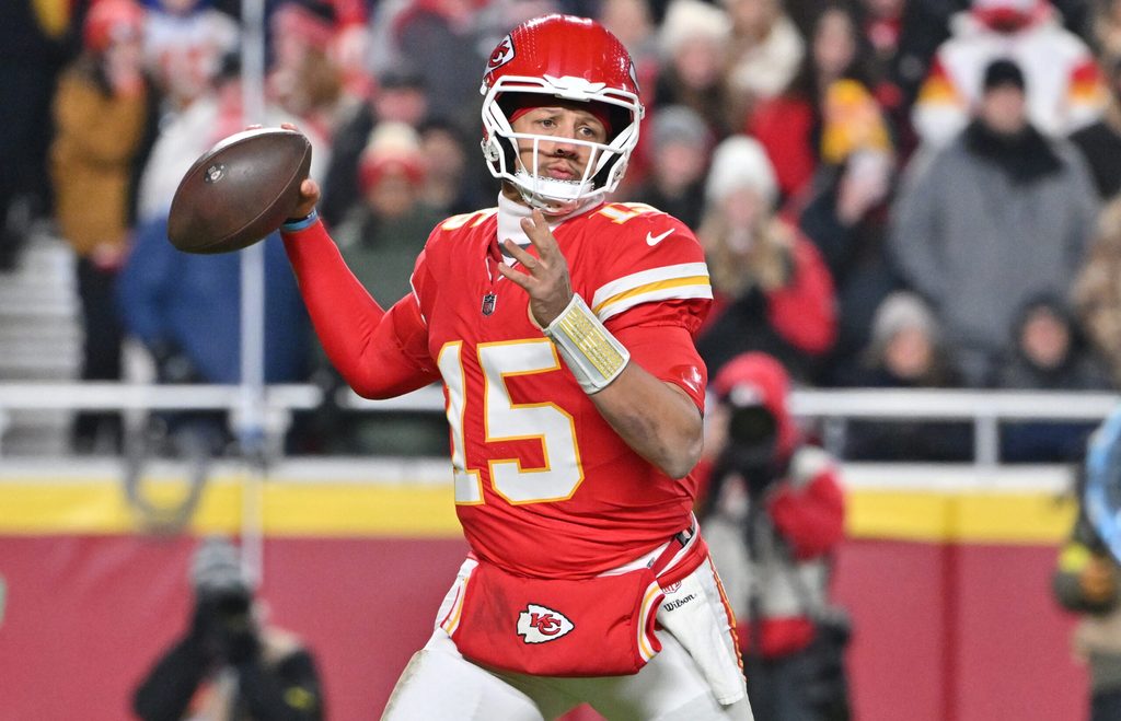 Dec 7, 2025; Kansas City, Missouri, USA; Kansas City Chiefs quarterback Patrick Mahomes (15) throws a pass during the second quarter against the Houston Texans at GEHA Field at Arrowhead Stadium. Mandatory Credit: Amy Kontras-Imagn Images