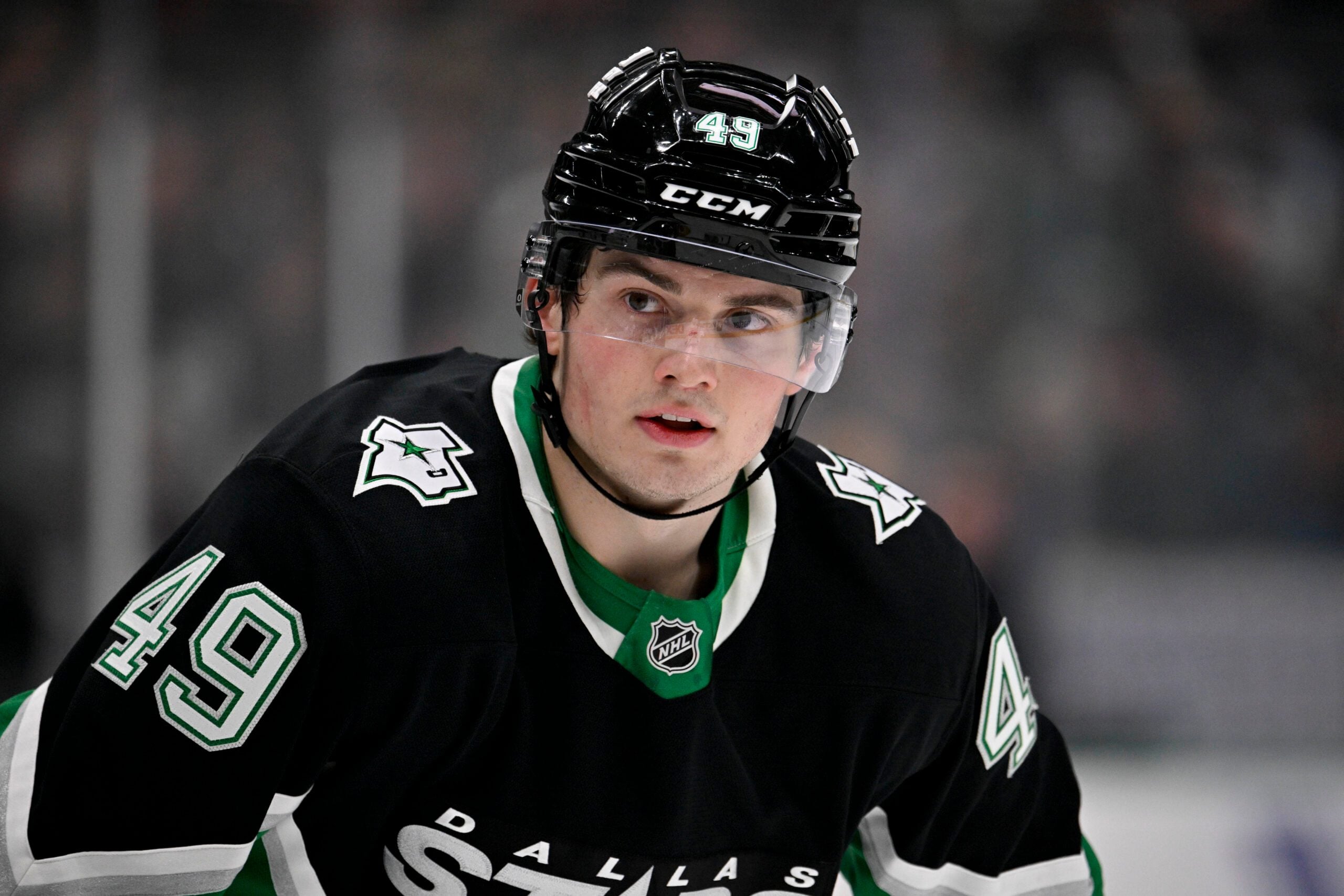 Dec 7, 2025; Dallas, Texas, USA; Dallas Stars center Justin Hryckowian (49) looks on during the second period against the Pittsburgh Penguins at American Airlines Center. Mandatory Credit: Jerome Miron-Imagn Images