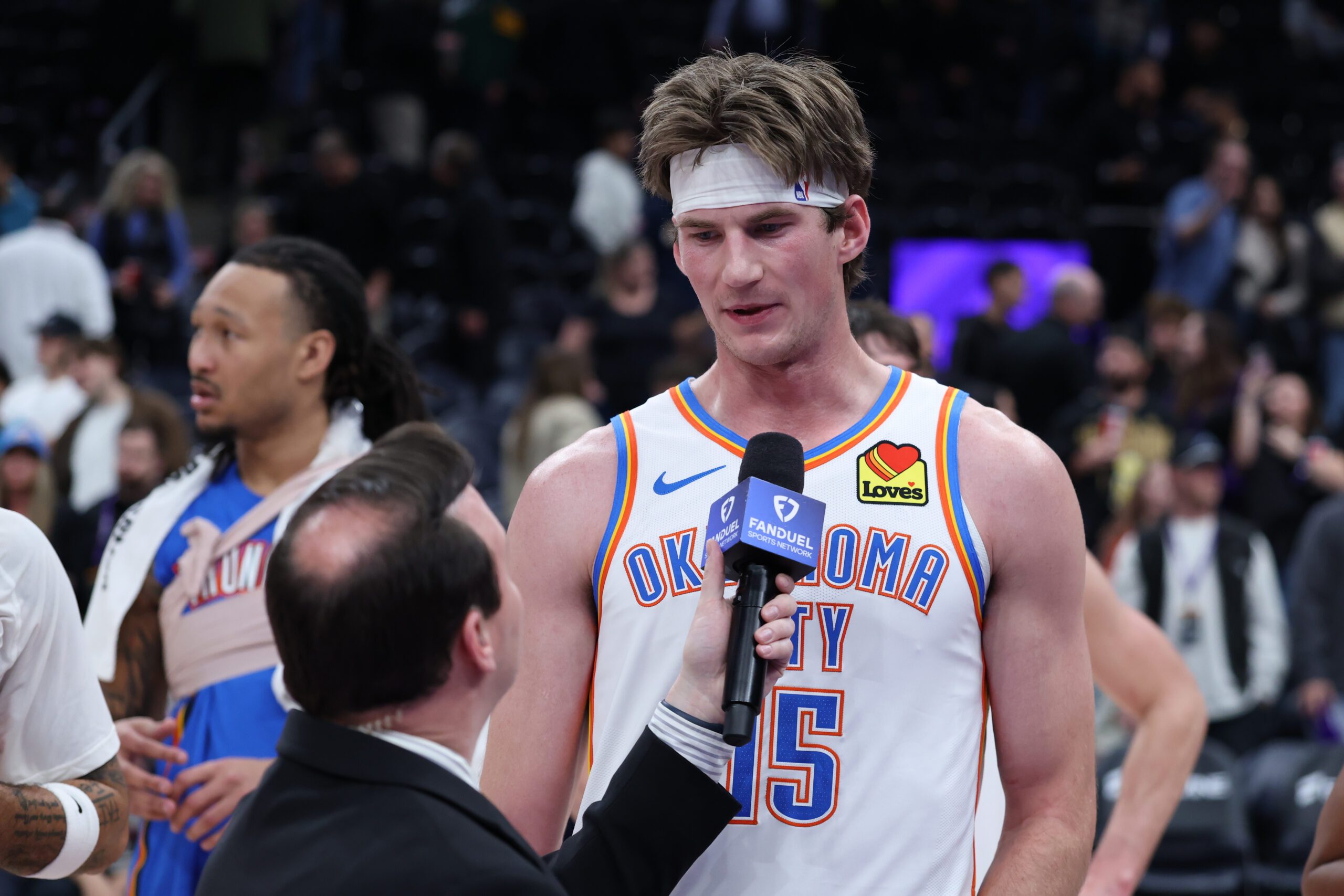 Dec 7, 2025; Salt Lake City, Utah, USA; Oklahoma City Thunder center Branden Carlson (15) is interviewed after the game against the Utah Jazz at Delta Center. Mandatory Credit: Rob Gray-Imagn Images