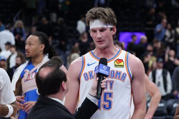 Dec 7, 2025; Salt Lake City, Utah, USA; Oklahoma City Thunder center Branden Carlson (15) is interviewed after the game against the Utah Jazz at Delta Center. Mandatory Credit: Rob Gray-Imagn Images