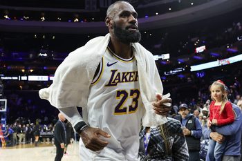 Dec 7, 2025; Philadelphia, Pennsylvania, USA; Los Angeles Lakers forward Lebron James (23) runs off the court after a victory against the Philadelphia 76ers at Xfinity Mobile Arena. Mandatory Credit: Bill Streicher-Imagn Images