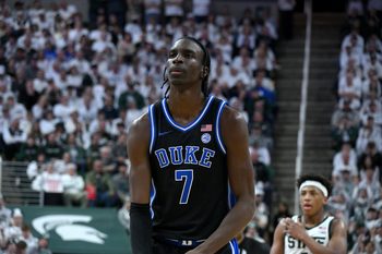 Dec 6, 2025; East Lansing, Michigan, USA;  Duke Blue Devils guard Dame Sarr (7) during the first half against the Michigan State Spartans at Jack Breslin Student Events Center. Mandatory Credit: Dale Young-Imagn Images