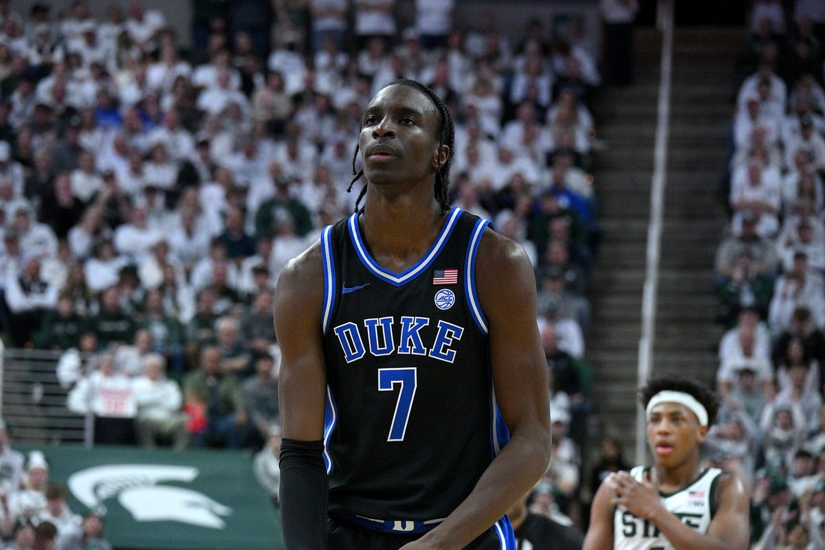Dec 6, 2025; East Lansing, Michigan, USA; Duke Blue Devils guard Dame Sarr (7) during the first half against the Michigan State Spartans at Jack Breslin Student Events Center. Mandatory Credit: Dale Young-Imagn Images