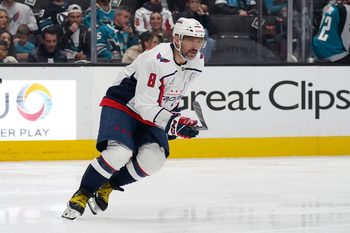 Dec 3, 2025; San Jose, California, USA; Washington Capitals left winger Alex Ovechkin (8) skates toward the puck during a game against the San Jose Sharks in the third period at SAP Center at San Jose. Mandatory Credit: David Gonzales-Imagn Images